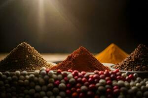 various spices and spices on a wooden table. AI-Generated photo