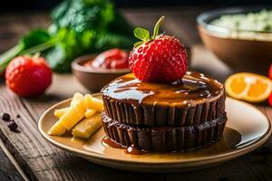 a dessert with strawberries and chocolate sauce. AI-Generated photo