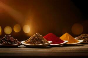 various spices and spices in bowls on a wooden table. AI-Generated photo