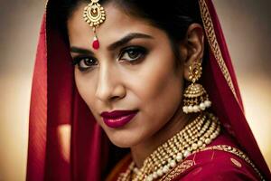 a beautiful indian woman wearing a red sari. AI-Generated photo