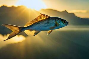 un pescado volador terminado un lago a puesta de sol. generado por ai foto