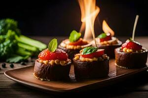 small appetizers with fire on a wooden table. AI-Generated photo