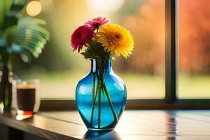 a blue vase with flowers sitting on a table near a window. AI-Generated photo