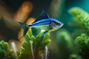 a blue and black fish swimming in an aquarium. AI-Generated photo