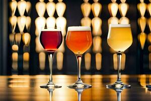 three different types of beer are lined up on a bar. AI-Generated photo