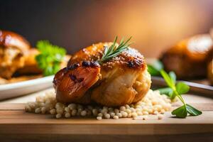 chicken with rosemary and garlic on a wooden cutting board. AI-Generated photo