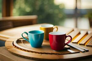 two colorful coffee cups on a wooden tray. AI-Generated photo