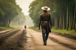 a man in a cowboy hat walking down a dirt road. AI-Generated photo