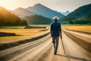 a man walking on a dirt road with a cane. AI-Generated photo