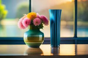 un florero con flores sentado en un mesa cerca un ventana. generado por ai foto