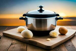 an electric pressure cooker with eggs on a wooden cutting board. AI-Generated photo