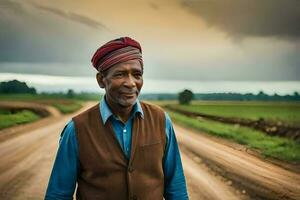 an african man in a turban standing on a dirt road. AI-Generated photo