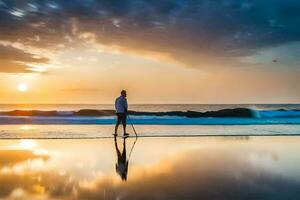 a man standing on the beach at sunset. AI-Generated photo