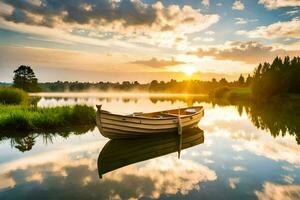 un barco en el lago a puesta de sol. generado por ai foto