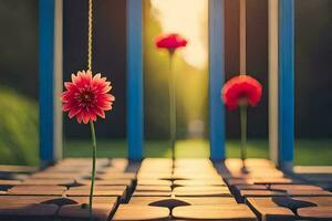 two red flowers sit on a wooden bench. AI-Generated photo