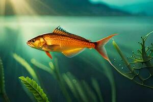 a fish swimming in the water with grass and plants. AI-Generated photo