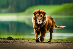 un león caminando en el la carretera cerca un lago. generado por ai foto