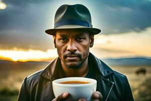 un hombre en un sombrero participación un taza de café. generado por ai foto