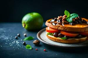 a sandwich with tomatoes, black beans and mint leaves. AI-Generated photo