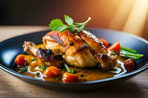 a chicken breast with vegetables and sauce on a plate. AI-Generated photo