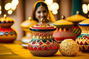 a woman in traditional indian dress sits in front of colorful vases. AI-Generated photo