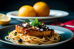 a plate of pasta with salmon and lemon. AI-Generated photo