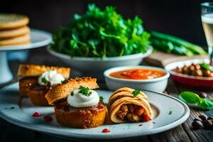 un plato de comida con pan, queso y salsa. generado por ai foto