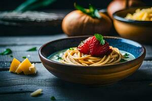 spaghetti with cheese and strawberries in a bowl. AI-Generated photo