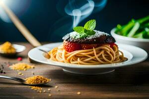 spaghetti with meat and vegetables on a plate. AI-Generated photo