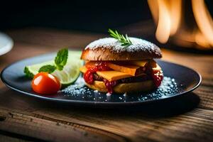 a hamburger with cheese and tomato on a plate. AI-Generated photo