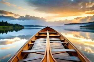 a canoe is docked on a calm lake at sunset. AI-Generated photo