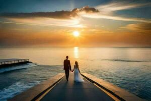 a bride and groom walk along the pier at sunset. AI-Generated photo