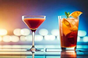 two cocktails on a table with blurred lights. AI-Generated photo