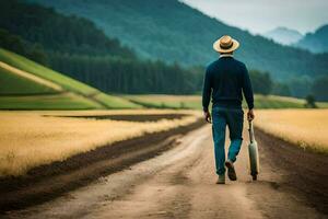 un hombre caminando abajo un suciedad la carretera con un maleta. generado por ai foto