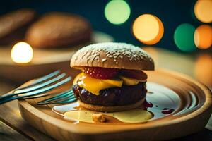 a hamburger with cheese and strawberries on a wooden plate. AI-Generated photo