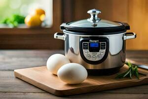 an instant pot on a cutting board with eggs. AI-Generated photo