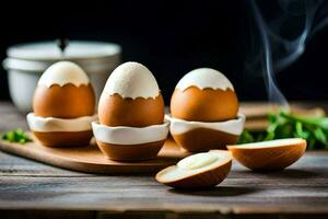 eggs in shells on a wooden table. AI-Generated photo