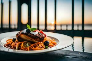 a plate of pasta with a scallop on it. AI-Generated photo