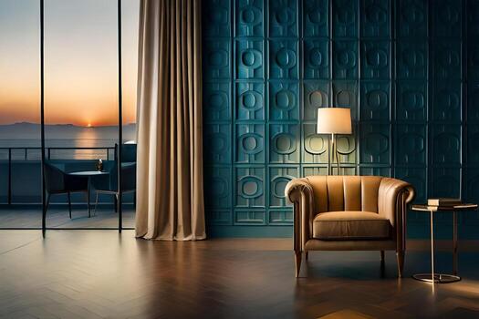 a chair and table in front of a window with a view of the ocean. AI-Generated photo