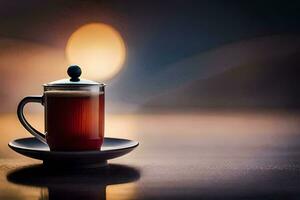 a cup of tea on a saucer with a light in the background. AI-Generated photo