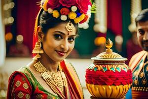 a beautiful bride in traditional indian attire holding a pot. AI-Generated photo