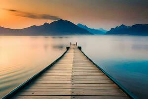 un de madera muelle estiramientos fuera dentro el agua a amanecer. generado por ai foto