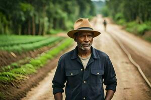 un africano hombre en pie en un suciedad la carretera. generado por ai foto