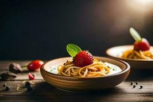 pasta with strawberries and mint on a wooden table. AI-Generated photo
