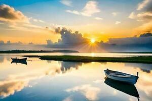 dos barcos son sentado en el agua a puesta de sol. generado por ai foto