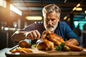 a man with a beard and a beard is eating a roast chicken. AI-Generated photo