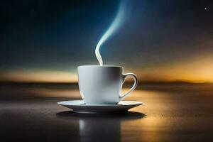 a cup of coffee on a table with a beautiful sunset. AI-Generated photo