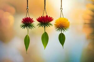 three colorful flowers hanging from a string. AI-Generated photo