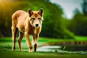 a dingo is walking on the grass near a pond. AI-Generated photo