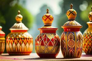 many colorful vases are sitting on a table. AI-Generated photo